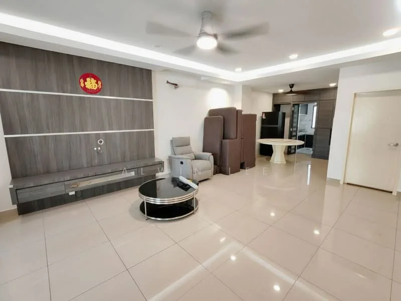 Living features: grey accent wall, white painted walls, glossy tile flooring, 5-blade ceiling fan with light, round coffee table with black glass top, recliner chair, TV console, decorative wall art, open layout to dining area, recessed lighting; style: modern.