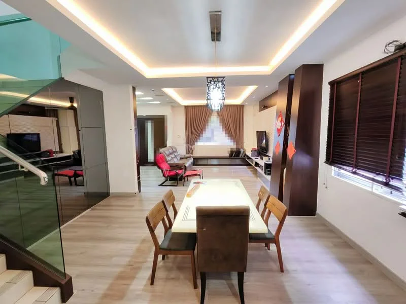 Dining features: dining table with 6 chairs, wooden flooring, recessed ceiling with LED lighting, chandelier, large windows with wooden blinds, open layout to living area, decorative wall paneling, wall-mounted TV, sofa seating area, curtains; style: modern. Living features: 2-seater fabric sofa, 3-seater fabric sofa, coffee table, TV console, wall-mounted TV, decorative wall paneling, large windows with wooden blinds, recessed ceiling with LED lighting; style: modern.