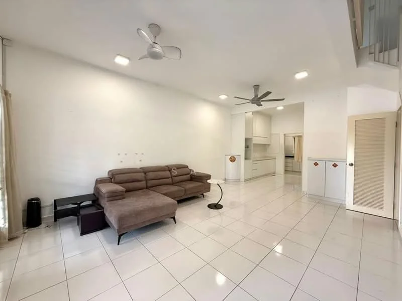 Living features: 3-seater fabric sofa in brown, coffee table, floor-to-ceiling windows with sheer curtains, white painted walls, polished ceramic tile flooring, 2 ceiling fans, recessed LED downlights, decorative wall with accent tiles, open layout to kitchen, neutral color scheme; style: modern.