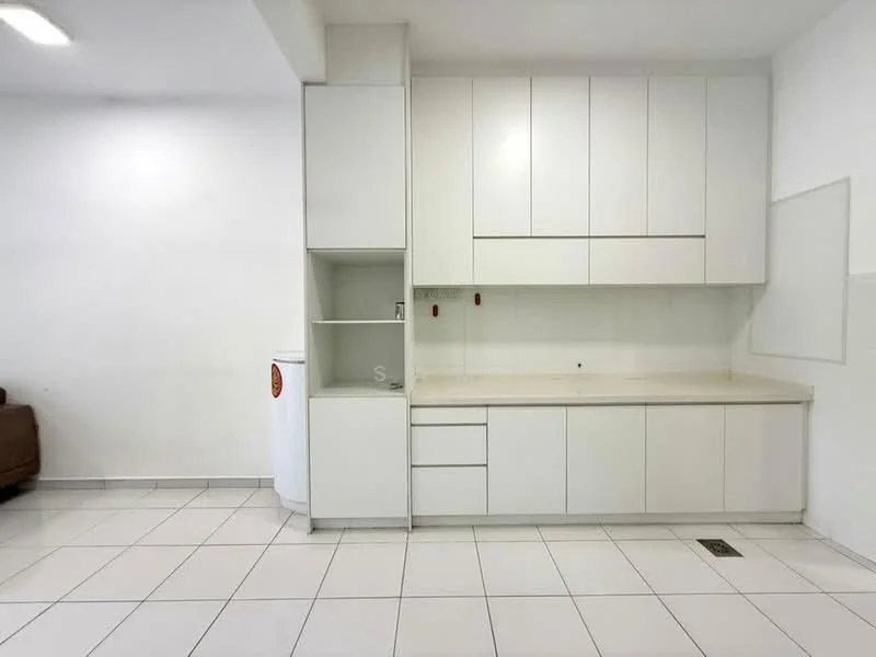 Kitchen features: white cabinetry, flat-panel cabinets, light-colored countertop, single-bowl stainless-steel sink, built-in storage shelves, white tiled backsplash, white tiled flooring, recessed lighting; style: modern.