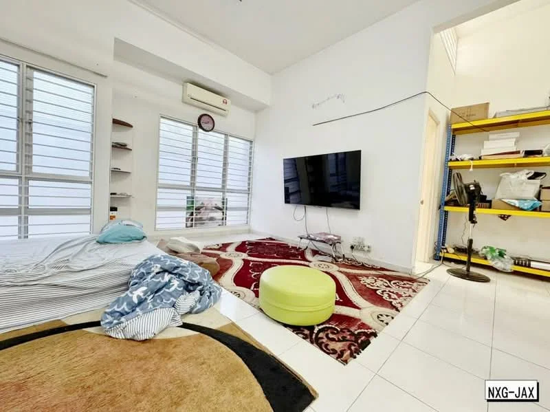 Living features: white painted walls, tile flooring, floor-to-ceiling windows, black wall-mounted TV, area rug with geometric pattern, green ottoman, shelves on wall, air conditioning unit, clock on wall, light source from ceiling; style: modern.
