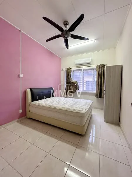 Bedroom features: pink accent wall, white painted walls, tile flooring, 5-blade ceiling fan, window with sheer curtains, air conditioning unit, queen-size bed with upholstered headboard, nightstand, built-in wardrobe; style: modern.
