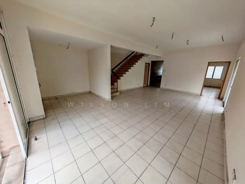 Room features: white painted walls, tile flooring, staircase, multiple ceiling lights, large windows, open layout, neutral color scheme, no visible furniture; style: modern.