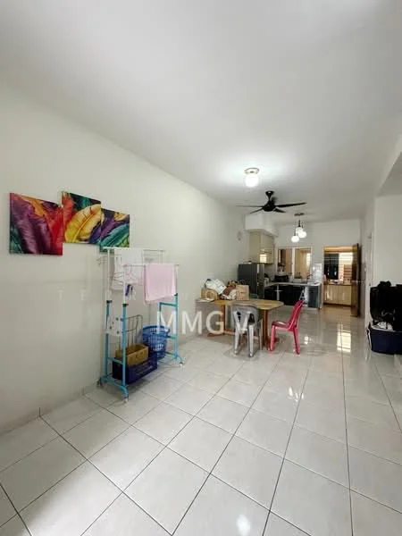 Living features: white painted walls, glossy ceramic tile flooring, 5-blade ceiling fan with light, dining table with chairs, clothes drying rack, open layout to kitchen, refrigerator, kitchen cabinets visible in background, window with natural light, decorative artwork on wall; style: modern.