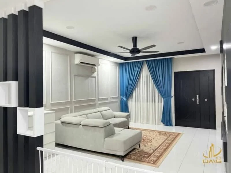 Living features: 3-seater fabric sofa in light grey, area rug with geometric pattern, 5-blade ceiling fan with light, wall-mounted split AC, white painted walls with crown moulding, black accent wall, floor-to-ceiling curtains in blue, recessed downlights, white tiled flooring, double-door main entrance, decorative wall paneling; style: modern.