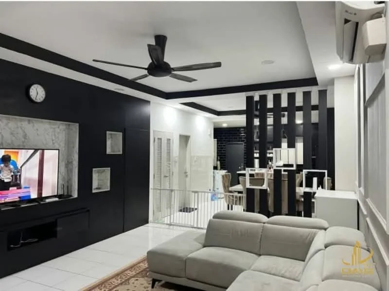 Living features: 5-blade ceiling fan with light, wall-mounted TV, TV console, grey fabric sofa, area rug with geometric pattern, white tiled flooring, black accent wall, marble feature wall, recessed ceiling lights, decorative wall clock, open shelving, partition wall with vertical slats; style: modern.