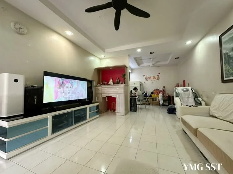 Living features: white painted walls, glossy white tile flooring, 5-blade ceiling fan, wall-mounted TV, entertainment unit with blue cabinetry, sofa in cream color, decorative wall art, recessed lighting, open layout to dining area; style: modern. Dining features: dining table with chairs, decorative items on shelves, open layout to living area; style: modern.