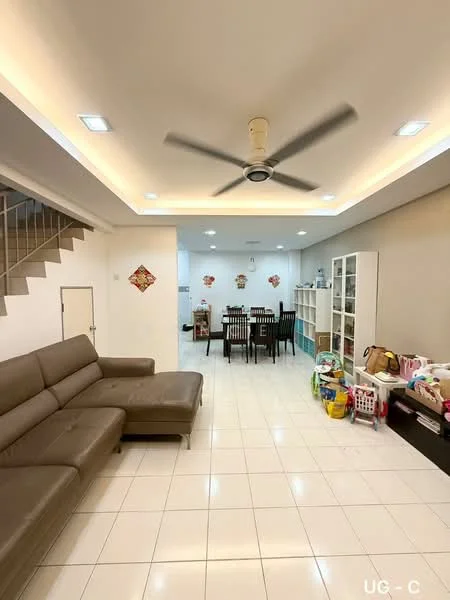 Living features: L-shape sectional sofa in brown, white painted walls, recessed ceiling lights, ceiling fan with light, white tiled flooring, dining table with chairs, open layout to dining area, decorative wall art, built-in shelving unit, laundry basket, storage boxes; style: modern. Dining features: dining table with black chairs, white painted walls, recessed ceiling lights, white tiled flooring; style: modern.