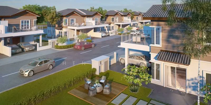 Exterior type: linked terrace house; features: two-storey houses, flat roof, wooden cladding on facade, balconies with glass railings, manicured lawn, paved driveway, landscaped garden, multiple parking spaces, surrounding greenery, street view with parked cars, modern architectural design; style: modern.