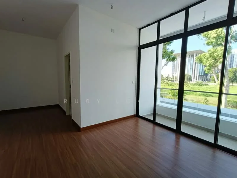 Room features: large floor-to-ceiling windows, wooden flooring, white painted walls, natural light, view of greenery, sliding glass door, minimalist design, open layout; style: modern; view: garden.