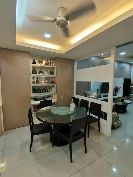 Dining features: round glass dining table, 6 black dining chairs, white ceiling with recessed lighting, ceiling fan, cream painted walls, built-in shelving unit with decorative items, tile flooring, open layout to living area; style: modern.