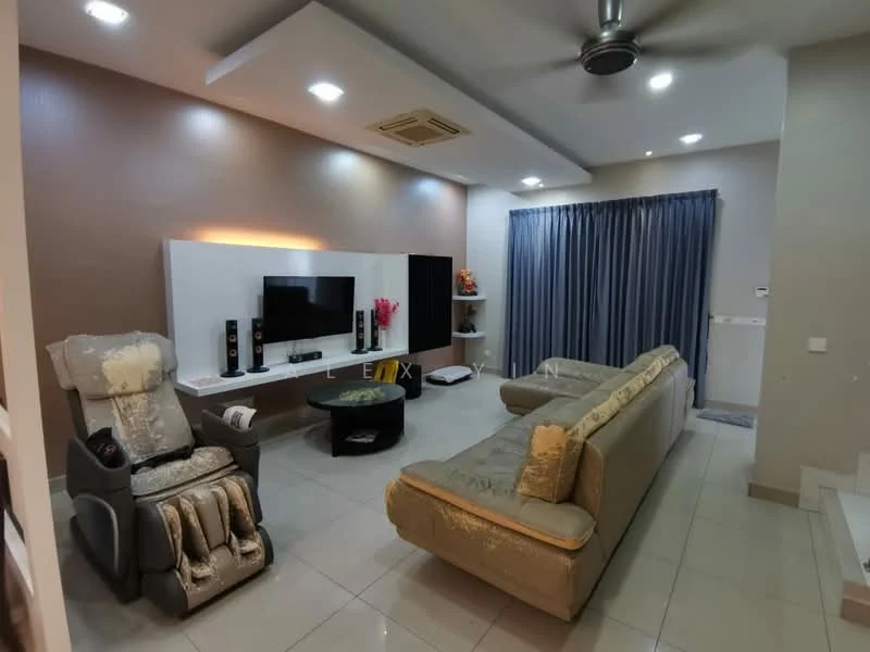 Living features: 3-seater fabric sofa in beige, 2-seater fabric sofa in grey, coffee table, wall-mounted TV, entertainment unit, recessed downlights, ceiling fan, curtains in dark blue, tile flooring, decorative wall with light brown paint, armchair with massage function; style: modern.