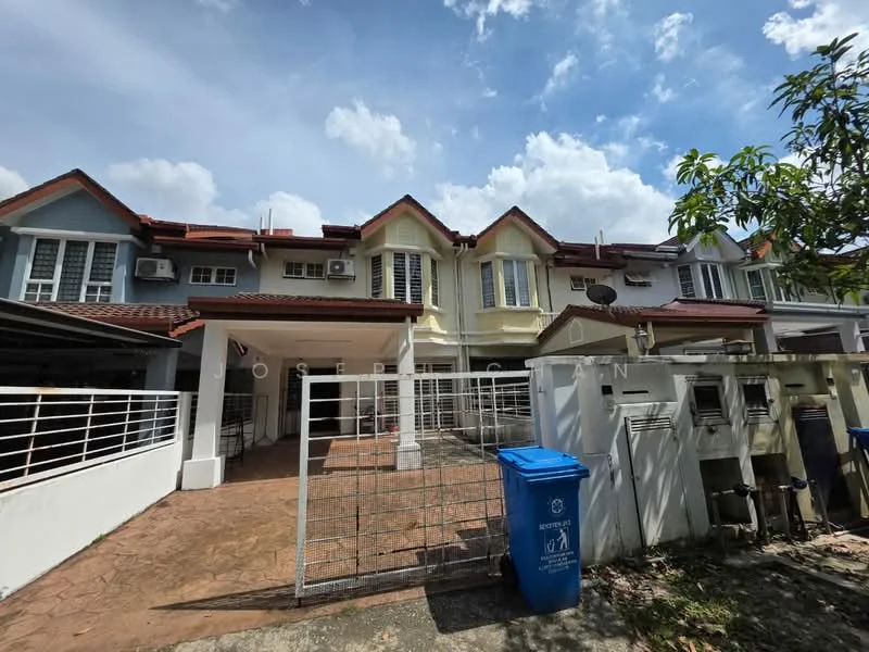 Exterior type: linked terrace house; features: two-storey building, red tiled roof, cream painted facade, white painted facade, front porch area, metal gate, visible air conditioning units, concrete driveway, landscaped area with small trees, blue recycling bin, multiple mailboxes; style: modern.