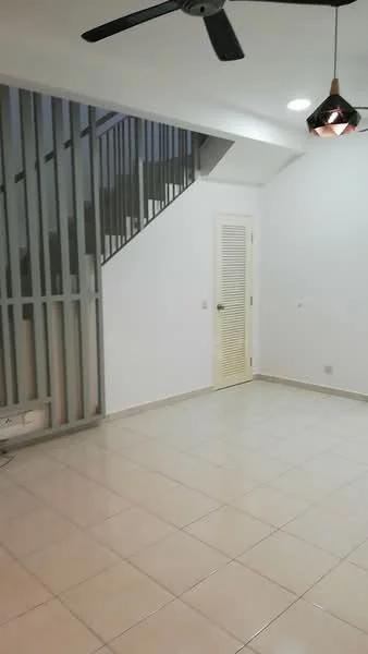 Living features: white painted walls, tile flooring, 5-blade ceiling fan with light, pendant light, staircase with metal railing, door with louvered panels, neutral color scheme, open layout; style: modern.