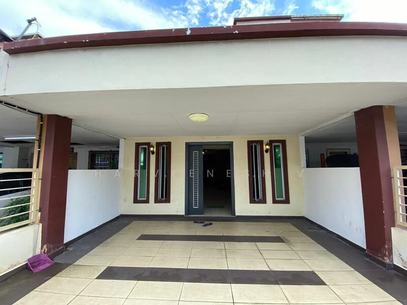 Exterior features: covered porch, tiled flooring, white painted walls, sliding glass door, outdoor lighting fixture, railing with vertical bars, open space, partially shaded area; style: modern.