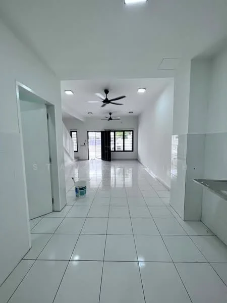Living features: white painted walls, glossy white tile flooring, 5-blade ceiling fan with light, large windows with black frames, open layout, recessed downlights, doorway leading to another room, kitchen area with countertop, paint can on the floor; style: modern.