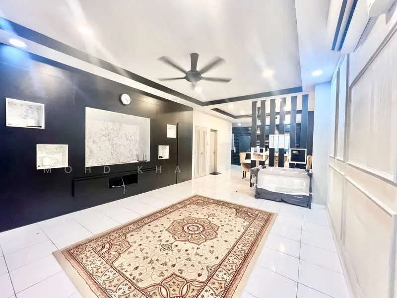 Living features: white tiled flooring, black accent wall, white wall with decorative paneling, 5-blade ceiling fan with light, recessed downlights, large wall clock, framed artwork, area rug with intricate pattern, dining area visible in background, open layout; style: modern.