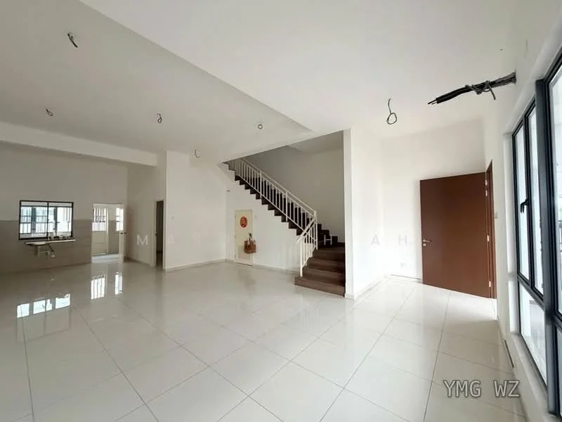 Living features: white painted walls, glossy ceramic tile flooring, large windows with no treatments, staircase with wooden steps, white railing on staircase, recessed downlights, open layout, high ceiling; style: modern.