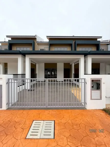 Exterior type: linked terrace house; features: grey metal gate, paved driveway, orange stamped concrete flooring, two-storey structure, balconies on upper floor, flat roof, white painted facade, dark blue accents, front porch area, visible parking space; style: modern.