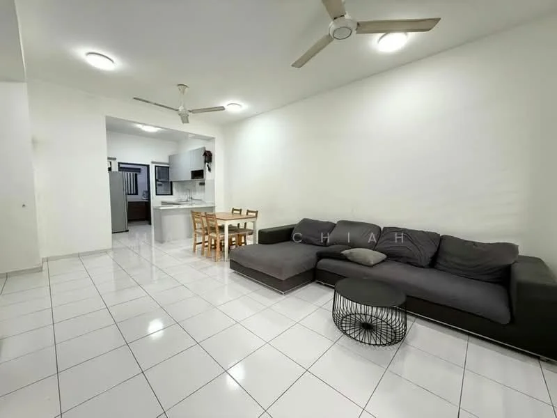 Living features: white painted walls, glossy white tile flooring, 5-blade ceiling fan, recessed downlights, L-shape sectional sofa in grey, coffee table with metal base, dining table with four wooden chairs, open layout to kitchen, large windows for natural light; style: modern. Kitchen features: white cabinetry, stainless-steel sink, built-in oven, freestanding range oven, countertop with space for appliances; style: modern.