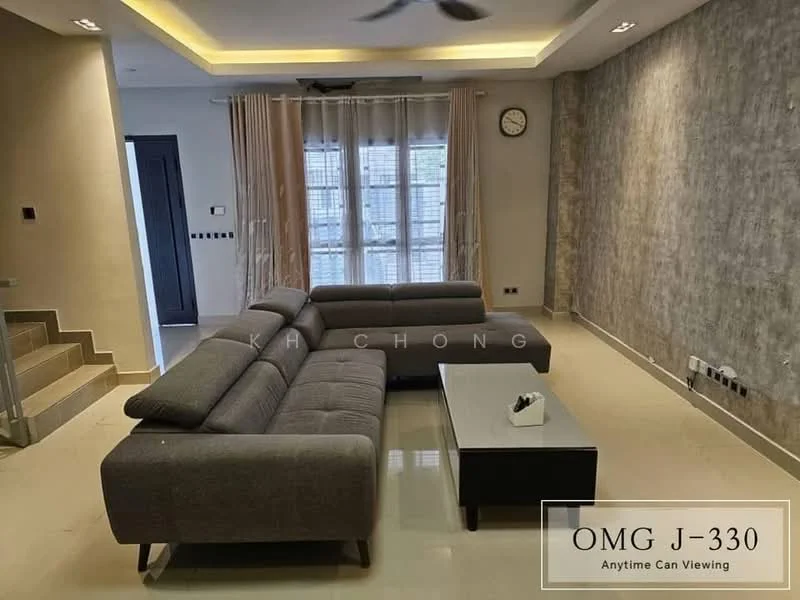 Living features: L-shape sectional sofa in grey, coffee table, wall-mounted clock, recessed downlights, cream painted walls, grey accent wall, floor-to-ceiling windows with sheer curtains, light-coloured tiled flooring, ceiling fan; style: modern.