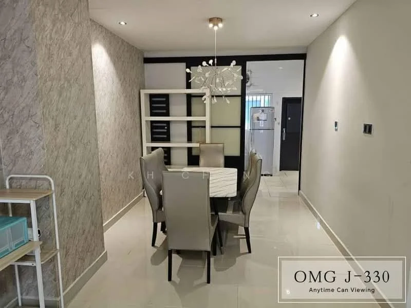Dining features: 6-seater dining table with marble top, upholstered dining chairs in beige, pendant light fixture, cream painted walls, white tiled flooring, decorative wall paneling, open shelving unit, wall-mounted storage, doorway leading to other rooms; style: modern.