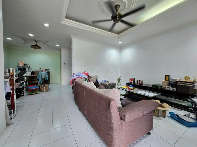 Living features: 3-seater fabric sofa in brown, coffee table, wall-mounted TV, white painted walls, recessed downlights, ceiling fan, tile flooring, decorative wall moulding; style: modern. Room features: work desk, shelves with books, boxes and storage items, green painted walls.