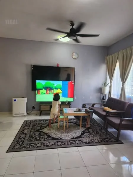 Living features: 5-blade ceiling fan with light, wall-mounted TV, TV console, 3-seater fabric sofa in brown, coffee table, area rug with geometric pattern, white painted walls, cream curtains, floor-to-ceiling windows, air conditioning unit; style: modern.
