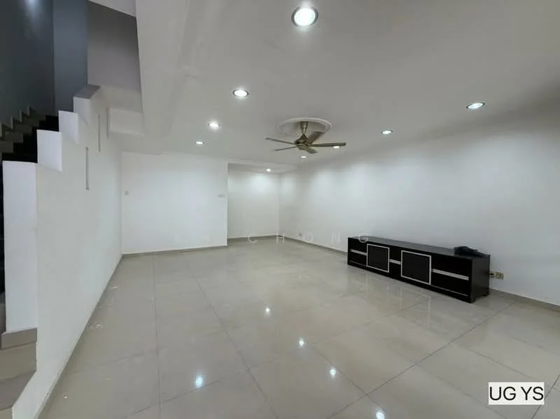 Living features: white painted walls, polished ceramic tile flooring, 5-blade ceiling fan with light, recessed downlights, wall-mounted TV console in black, open space layout, large windows for natural light, staircase visible in background; style: modern.