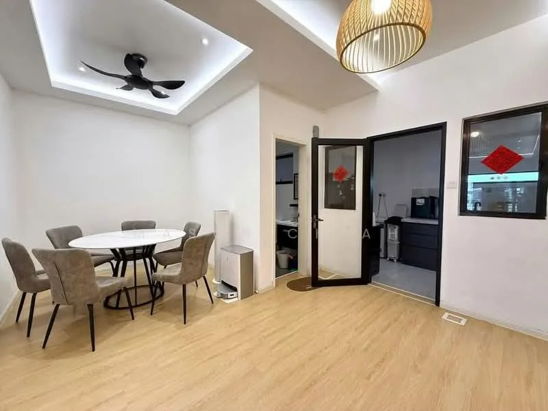 Dining features: round dining table, 6 upholstered dining chairs, 5-blade ceiling fan, recessed ceiling lights, light wood flooring, white painted walls, black framed wall art, glass door, decorative wall hanging; style: modern. Room features: white painted walls, light wood flooring, black furniture visible in background.