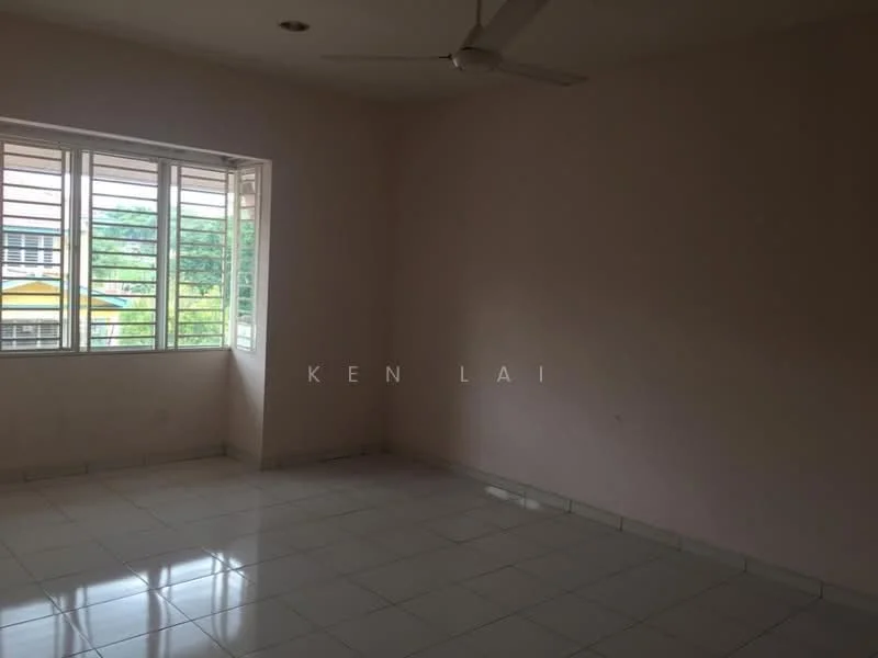 Room features: white painted walls, glossy white tile flooring, ceiling fan, window with horizontal slats, natural light from window, empty space.