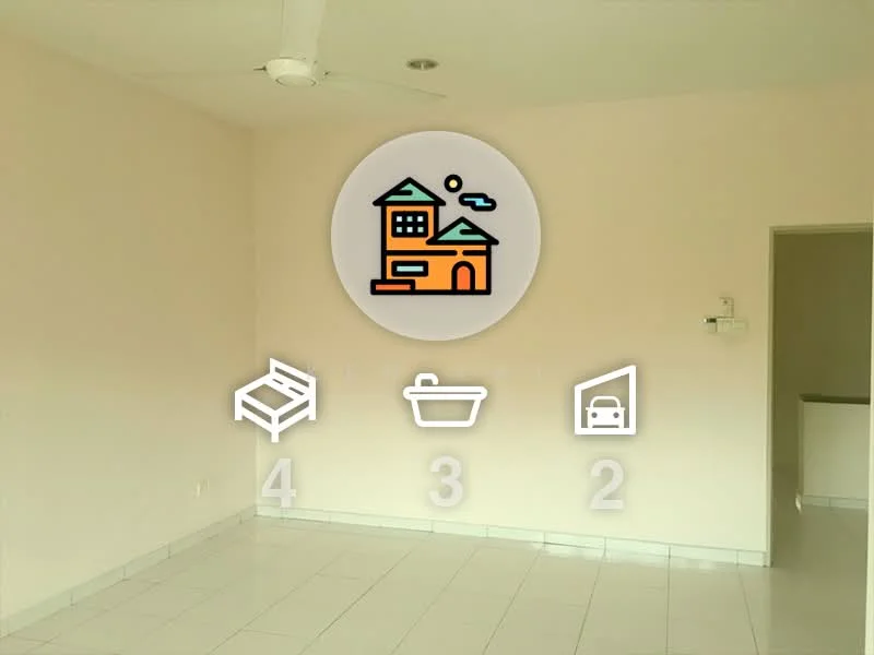 Living features: white painted walls, white tiled flooring, ceiling fan, no visible furniture, large open space, natural light from windows, neutral color scheme, minimal decor.