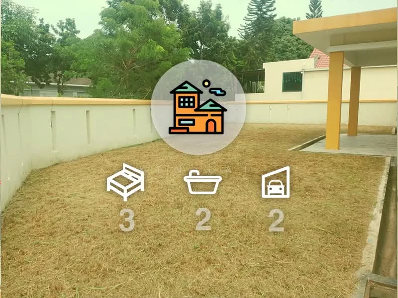 Exterior type: detached bungalow; features: manicured lawn, fenced yard, paved walkway, surrounded by greenery, single-storey structure, outdoor patio area; style: modern.