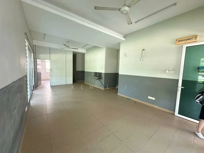 Room features: white painted walls, grey accent wall, tile flooring, 2 ceiling fans, sliding glass door, large windows, open layout, utility area with plumbing, light switches visible, door frame, no visible furniture; style: modern.
