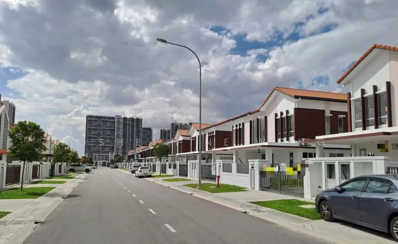 Exterior type: linked terrace house; features: two-storey linked terrace houses, red tiled pitched roofs, white painted facade, brown wooden accents, manicured lawns, driveways with interlocking pavers, street lighting, surrounded by greenery, urban setting with high-rise buildings in the background; style: modern.
