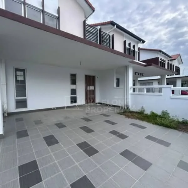 Exterior type: semi-detached house; features: grey tiled flooring, white painted facade, two main entrance doors, overhang roof, manicured landscaping, surrounding white fence, multiple windows, red tiled roof, modern architectural design; style: modern.
