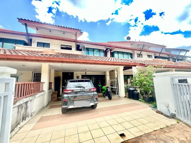 Exterior type: linked terrace house; features: red tiled roof, two-storey building, paved driveway, car porch, manicured garden, outdoor seating area, visible windows, balconies on upper floor, surrounded by greenery, motorcycle parked, vehicle parked in driveway; style: modern.