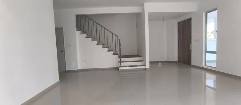 Room features: white painted walls, glossy ceramic tile flooring, staircase with metal railing, large windows allowing natural light, open layout, neutral color scheme, no visible furniture, high ceiling; style: modern.