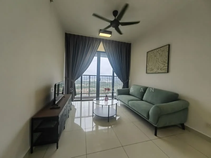 Living features: 3-seater fabric sofa in green, glass coffee table, wall-mounted TV, TV console, floor-to-ceiling windows, curtains in grey, ceiling fan with light, white painted walls, tile flooring; style: modern; view: city.