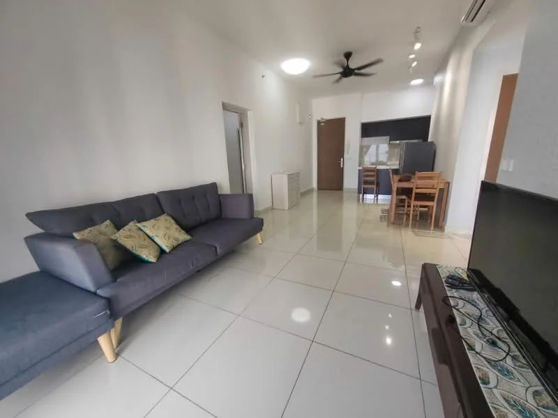 Living features: grey fabric sofa with wooden legs, decorative cushions, white painted walls, glossy white tile flooring, ceiling fan with light, wall-mounted TV, TV console with decorative pattern, dining area with wooden dining table, four wooden dining chairs, open layout, natural light from windows; style: modern.