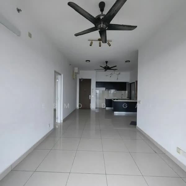 Living features: white painted walls, polished ceramic tile flooring, 2 ceiling fans with light, recessed downlights, open layout to kitchen, large windows, neutral color scheme, no visible furniture; style: modern. Kitchen features: black cabinetry, kitchen island, stainless-steel appliances, open layout, back wall with countertop, no visible backsplash; style: modern.