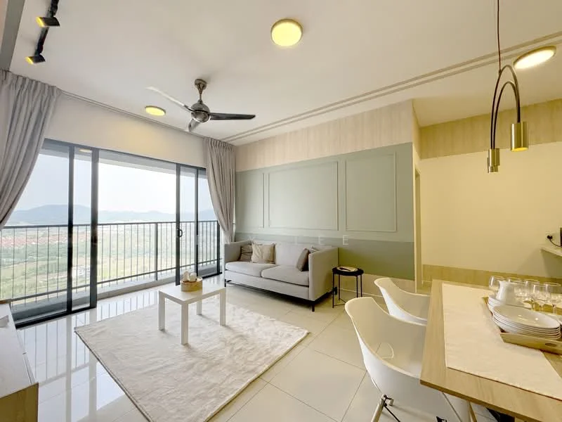 Living features: 3-seater fabric sofa in light grey, white area rug, floor-to-ceiling windows, sliding glass door, mountain view, ceiling fan with light, recessed downlights, wall-mounted TV, decorative wall paneling, light wood side table, dining table with white chairs; style: modern; view: mountain.