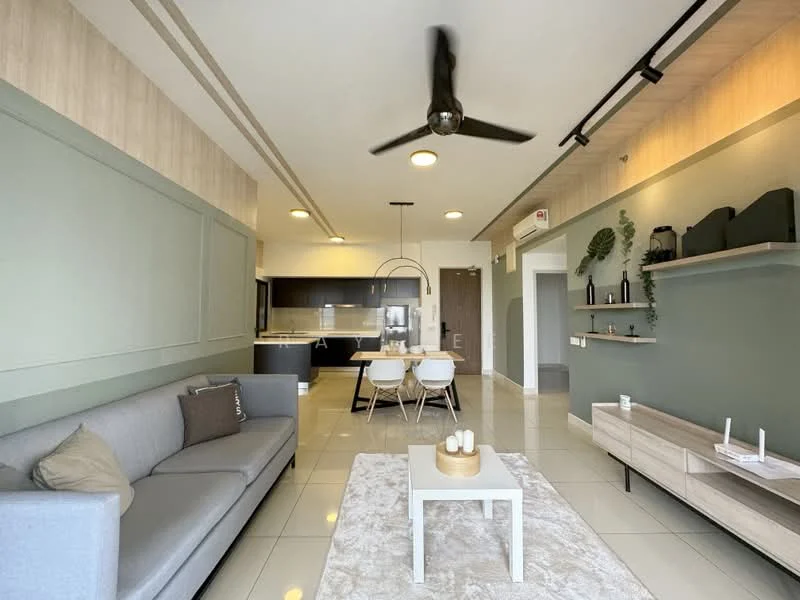 Living features: 3-seater fabric sofa in grey, ceiling fan, recessed downlights, wall-mounted TV, TV console, decorative wall shelf, area rug with geometric pattern, dining table with 4 chairs, white painted walls, cream accent wall, tile flooring; style: modern.