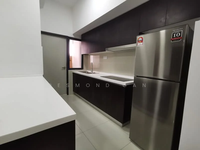 Kitchen features: dark wood cabinetry, white quartz countertop, stainless-steel fridge, single-bowl stainless-steel sink, chrome pull-down faucet, built-in oven, ceramic tile flooring, recessed downlights, wall-mounted cabinets, open shelving, neutral wall color, window for natural light; style: modern.