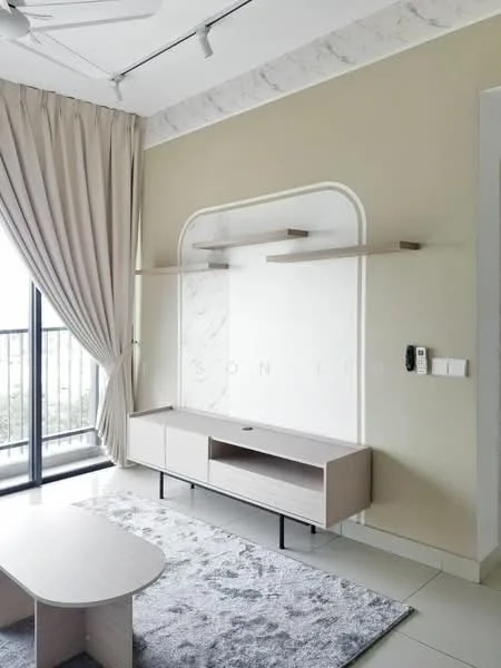 Living features: light grey area rug, cream painted walls, white ceiling with recessed lighting, 5-blade ceiling fan, wall-mounted TV console, floating shelves, large sliding glass door, floor-to-ceiling curtains, neutral-toned coffee table; style: modern; view: city.