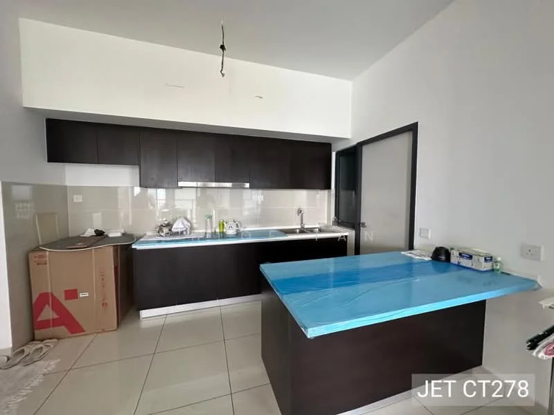 Kitchen features: dark wood cabinetry, blue countertop, stainless-steel sink, chrome faucet, white tiled backsplash, built-in oven, freestanding range oven, refrigerator, open shelving, floor tiles, under-cabinet lighting; style: modern.
