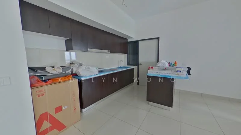Kitchen features: L-shaped kitchen layout, dark wood cabinetry, white countertop, stainless-steel sink, built-in stove, wall-mounted range hood, ceramic tile flooring, white painted walls, recessed downlights, open shelving, kitchen island, appliances visible on countertop; style: modern.