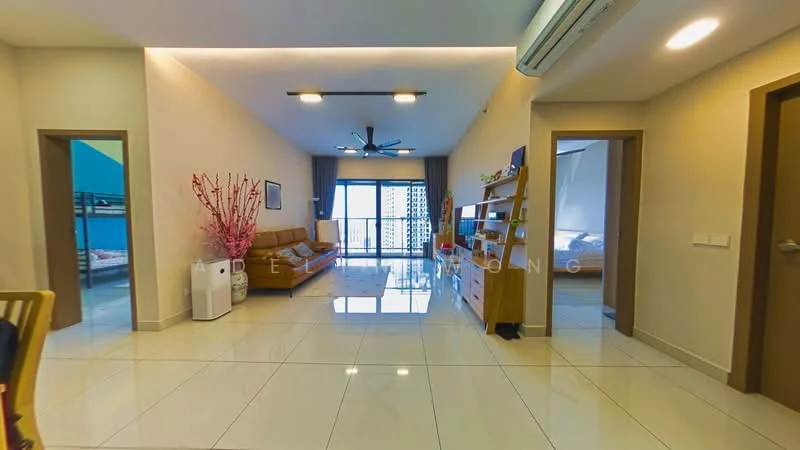 Living features: 3-seater brown leather sofa, ceiling fan with light, floor-to-ceiling windows, sliding glass door, white walls, glossy white tile flooring, decorative plant in ceramic pot, TV console, wall-mounted TV, area rug, natural light from windows; style: modern; view: city. Room features: door leading to bedroom, door leading to hallway, open layout, light-colored walls, recessed lighting.