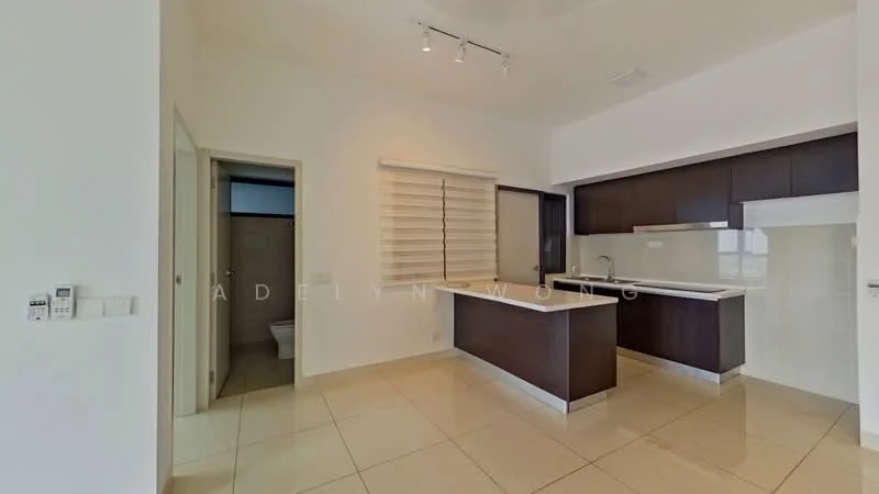 Kitchen features: white walls, tile flooring, dark wood cabinetry, white countertop, built-in oven, stainless-steel sink, chrome pull-down faucet, window with blinds, recessed downlights, open layout; style: modern. Room features: door leading to bathroom, light-colored walls, tile flooring.