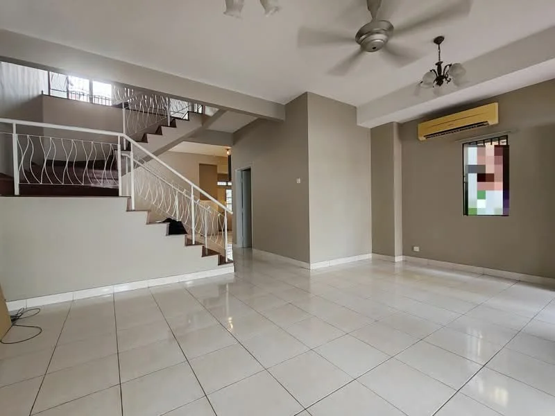 Living features: white painted walls, glossy ceramic tile flooring, 5-blade ceiling fan with light, wall-mounted air conditioning unit, large window with sheer curtains, staircase with wooden steps and white railing, recessed lighting, open layout; style: modern.